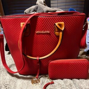 Michael Kors Red Tote Bag and Wallet Set